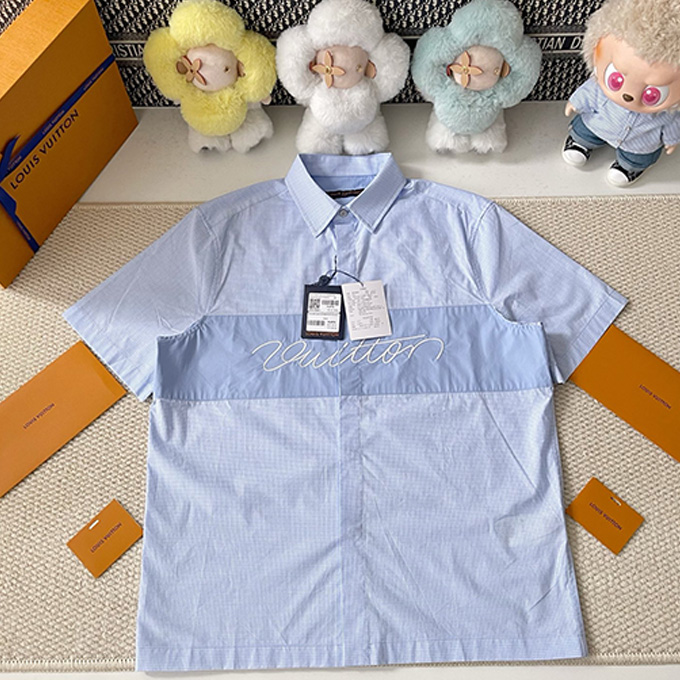 lv louis vuitton color block check embroidered short sleeve shirt